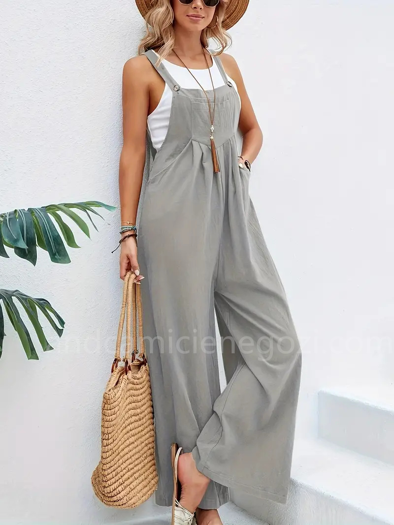 (image for) Boho Solid Sleeveless Long Length Jumpsuit, Casual Baggy Jumpsuit With Pockets, Women's Clothing | Andcamicienegozi.Com 01